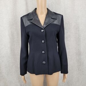 Vintage Black Wool Blazer with Leather Accents